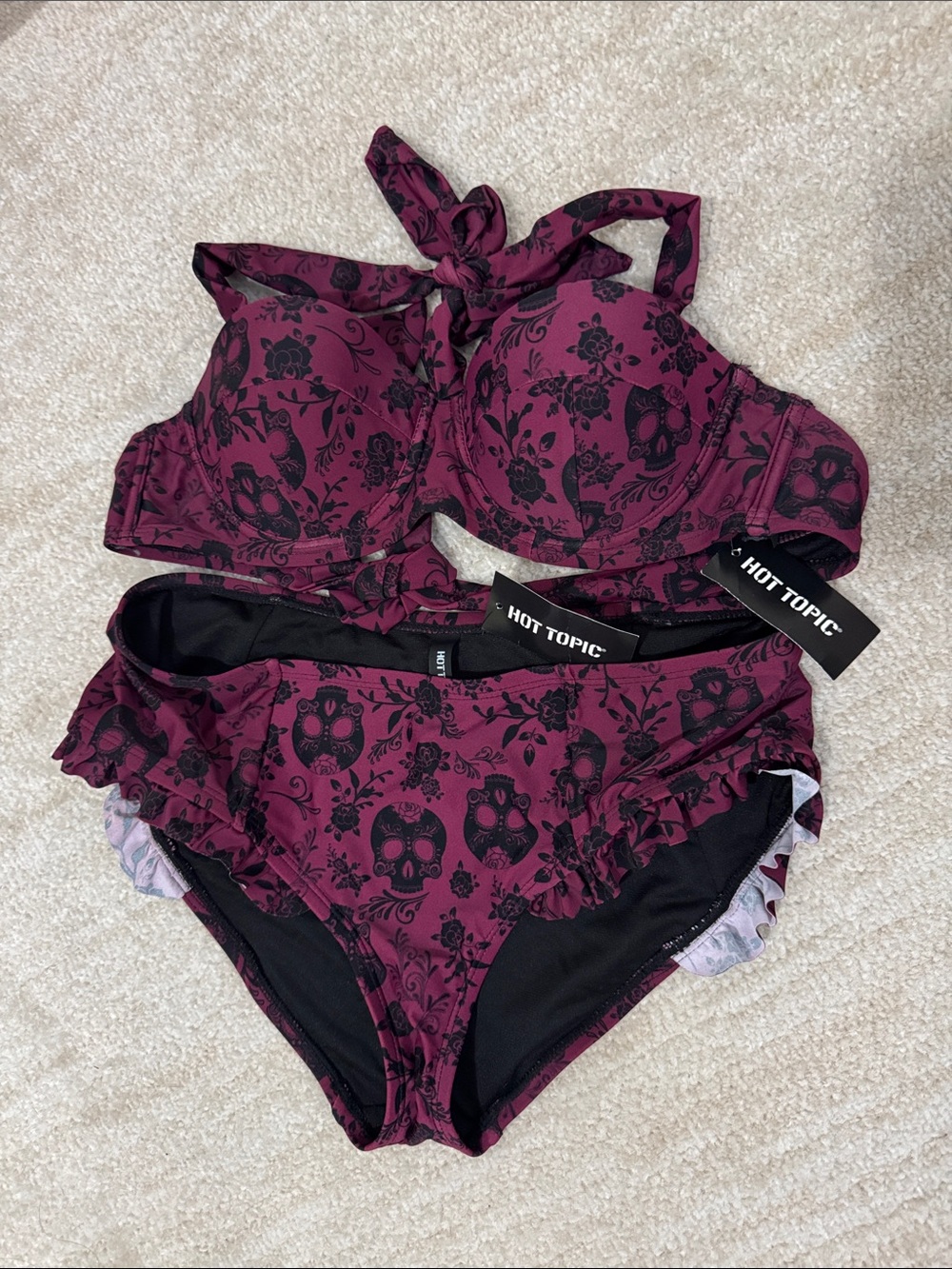 Hot Topic Burgundy and Black Skull Print Bikini Set